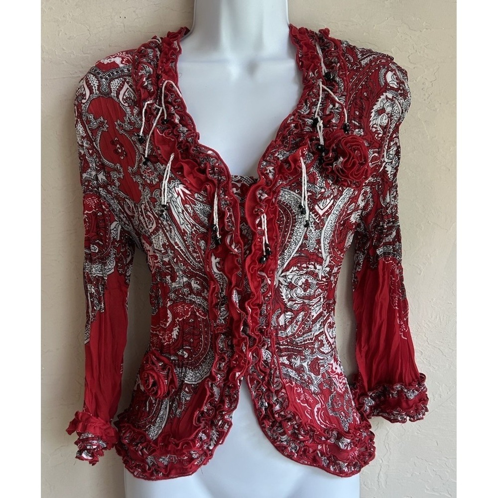 Vintage 90s Y2K Agora Beaded Crinkle Button Up Top P M Indie Fairy Whimsigoth